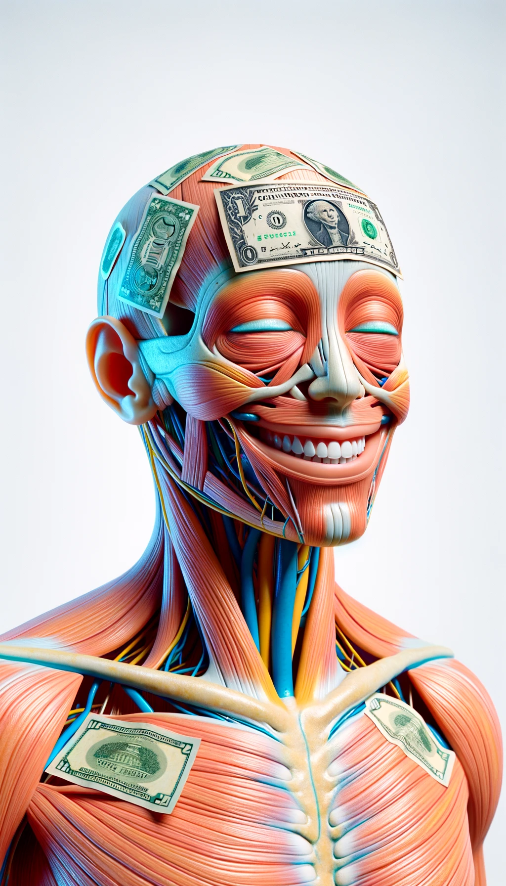 corpo umano anatomico sereno e felice con banconote sparse appiccicate sul corpo, colori realistici del corpo, espressione stupita, iperrealistica 4k, isolato su sfondo bianco emoji