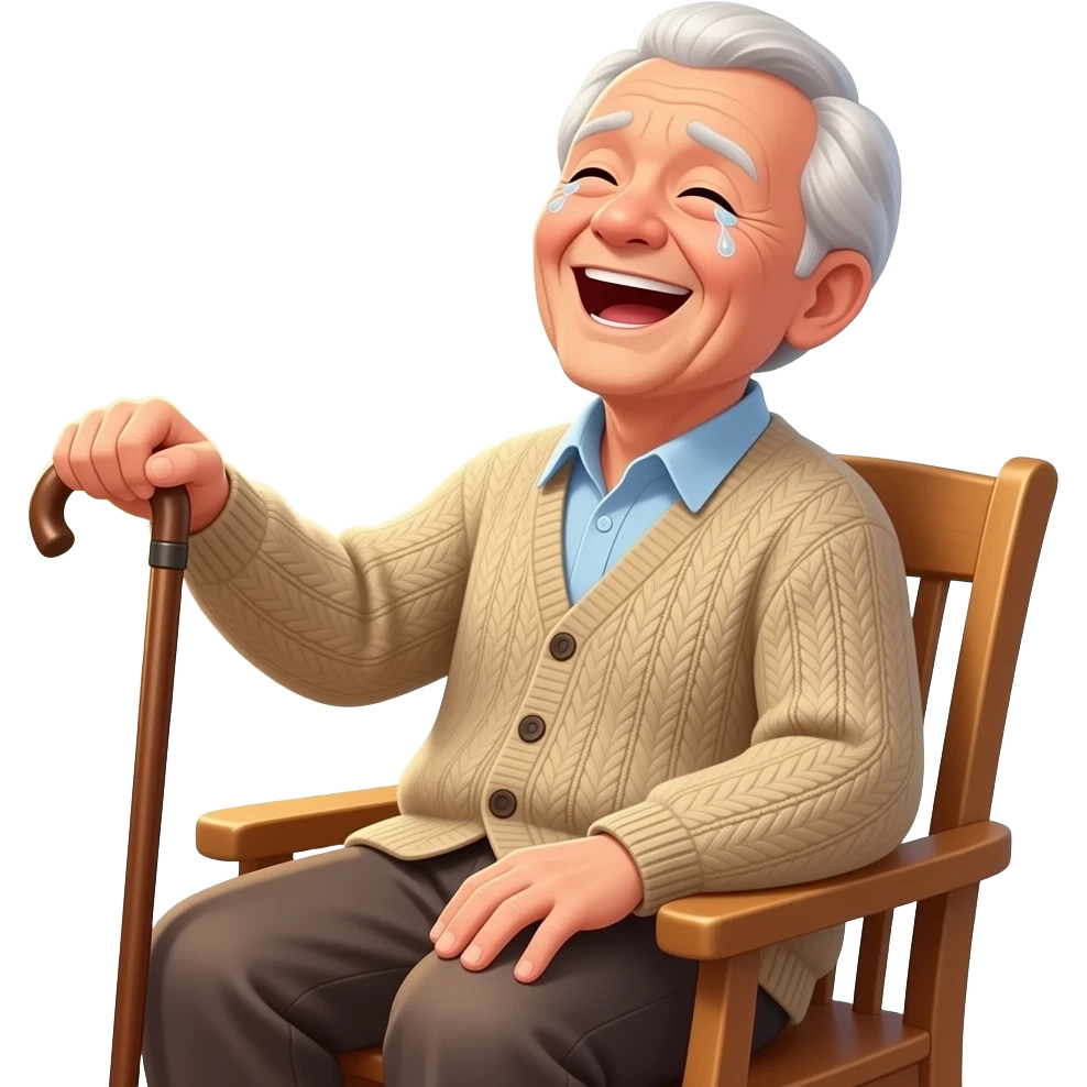 side view of an old man sitting in a chair holding a walking stick laughing with his head thrown back and tears in his eyes and his hand slapping his knee. emoji
