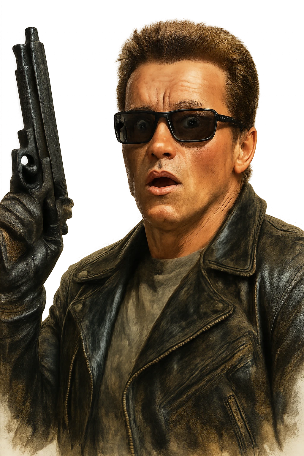 Terminator Arnold Schwarzenegger with sunglasses, surprised look, holding a gun up, realistic painted style emoji