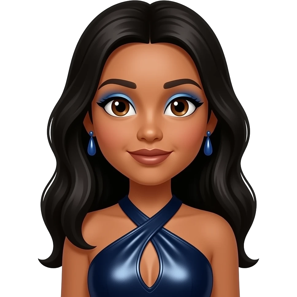 Millie from The Next Kidz with medium skin, brown eyes, long black hair, blue eyeshadow, brown lipstick, dark blue metallic halter dress, blue earrings emoji