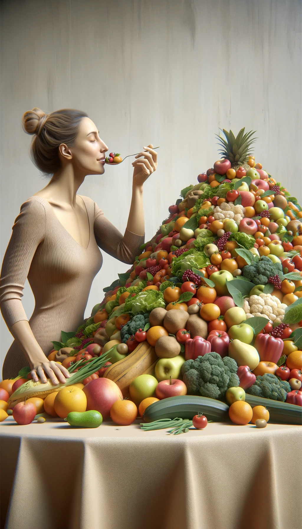 donna che mangia una montagna di frutta e verdura, SFONDO molto CHIARO NEUTRO, colori realistici, iperrealistico 4k emoji