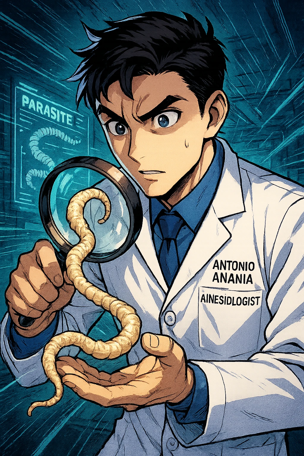 A dynamic manga/webtoon-style illustration of a young male kinesiologist wearing a clean white lab coat, analyzing light beige worms like a tapeworm under a magnifying glass. His expression is focused and slightly intrigued, with sharp, detailed eyes. The art style is vibrant, with bold linework, rich colors, and dramatic lighting. The background is a futuristic laboratory with glowing holographic screens displaying parasite data. The tapeworm is intricately drawn, slimy and segmented, with a slightly exaggerated yet realistic texture. The composition is dynamic, with motion lines or energy effects to emphasize his scientific investigation. The atmosphere is intense but not dark, keeping a balance between scientific seriousness and stylish manga aesthetics, he has "ANTONIO ANANIA" WRITTEN ON WHITE LAB COAT emoji