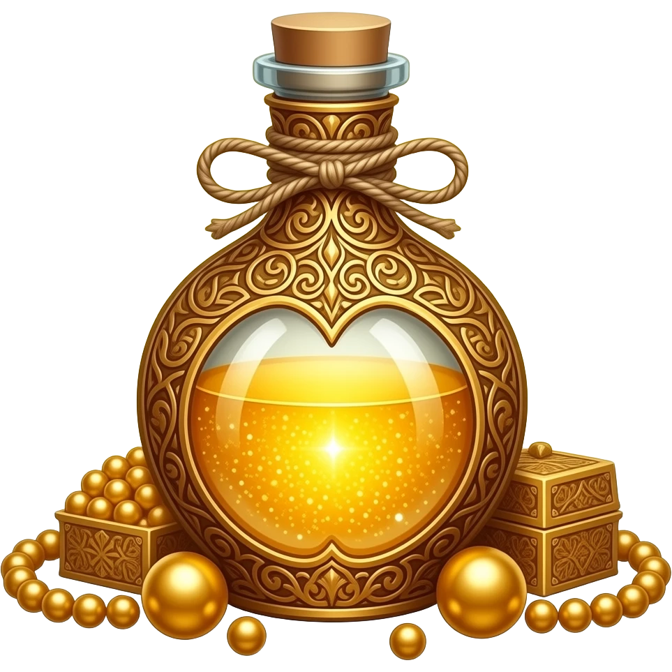 ornate golden potion bottle with intricate filigree, filled with shimmering luminous gold liquid, decorative cap tied with twine, surrounded by golden beads and an ornate box, glittering gold background, magical luxury aesthetic emoji