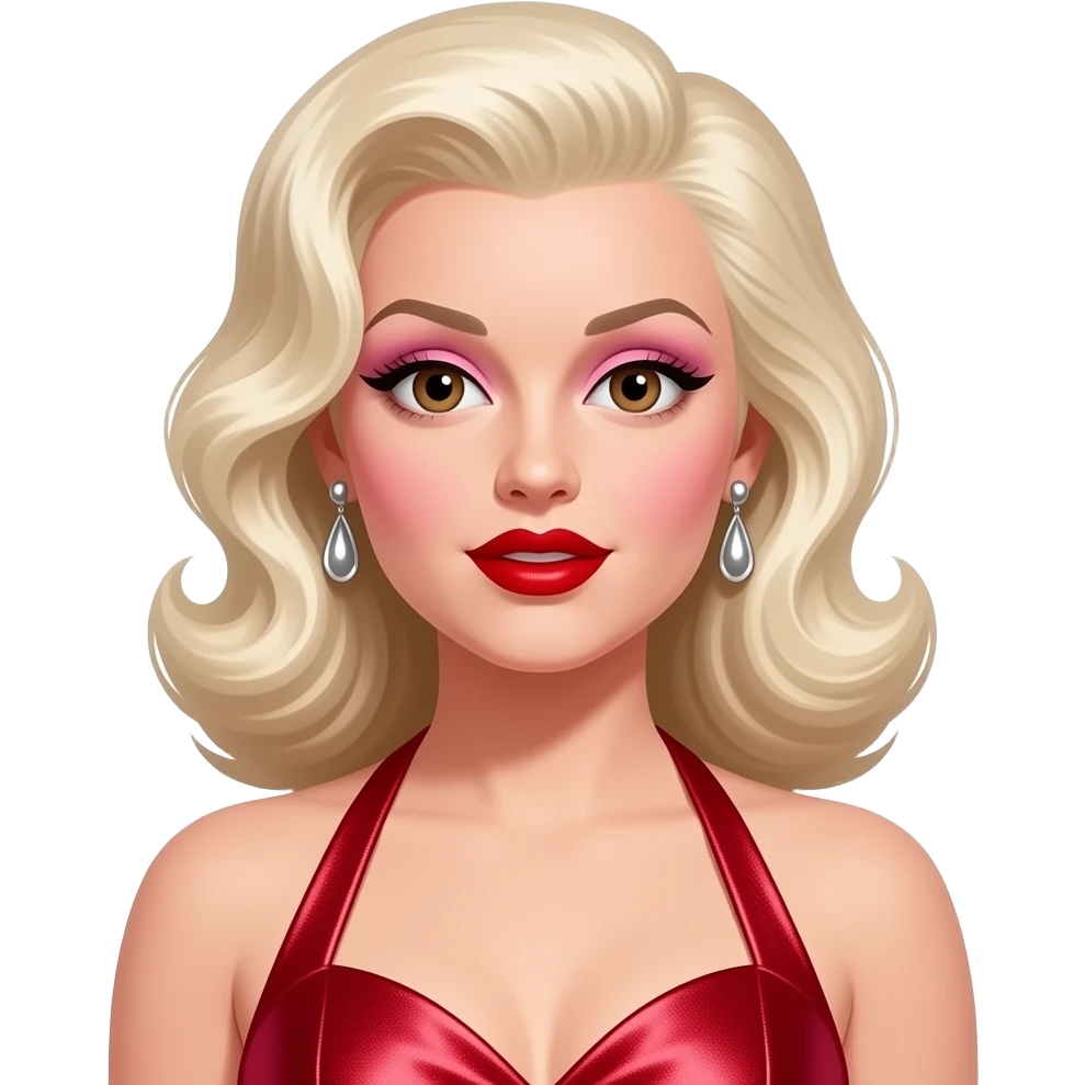 Jayne Mansfield with brown eyes, long platinum blonde hair, pink eyeshadow, red lipstick, ruby red metallic halter dress, silver earrings emoji
