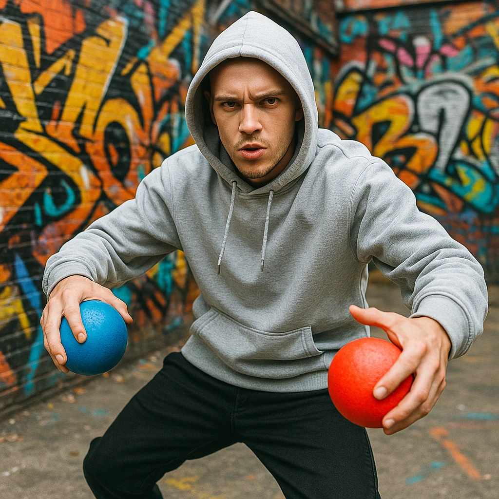 A white rapper in a hoodie, blue ball in left hand, red ball in right hand, energetic stance emoji