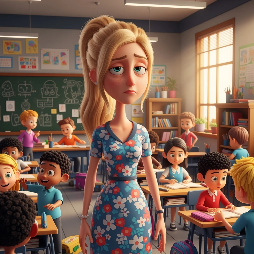 3d cartoon art of a exhausted teacher in a bustling classroom emoji