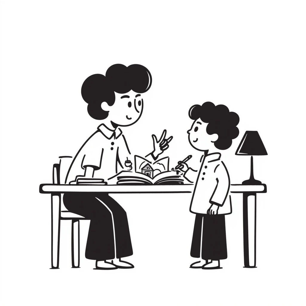 educator or speech therapist with child, who helps child with lessons sitting at the table emoji