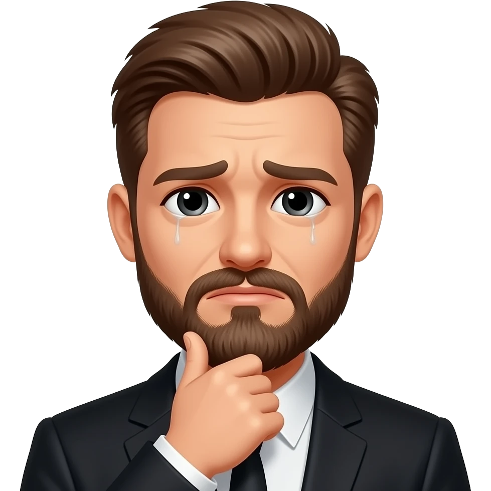 /little-grown-beard-freshly-shaven-brown-hair-and-eyes-black-suit-jacket-black- thinking sadly and realizing something face emoji
