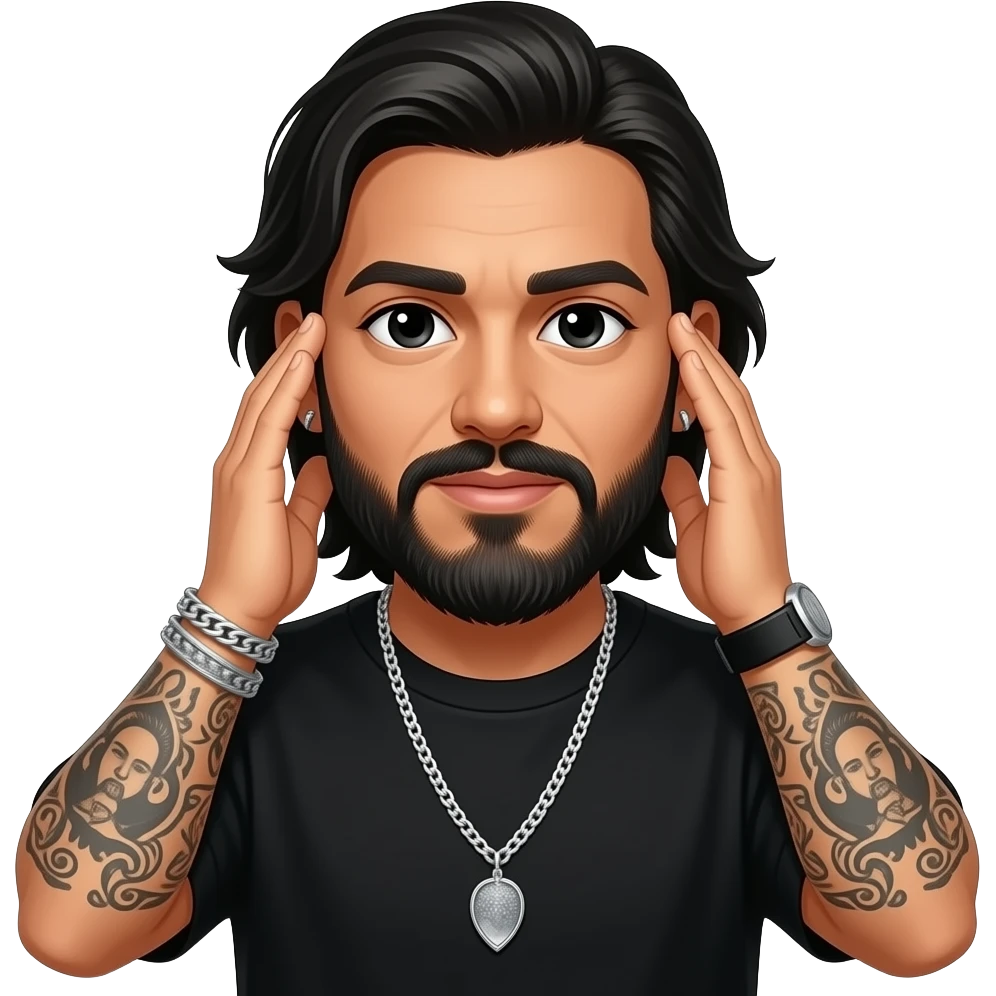 The handsome Latino podcast host with black colored eyes wearing black with silver jewelry, with medium length hair, a long lightly graying beard and tattoos, his ear pierced and right nostril as well, covering his ears with both hand emoji