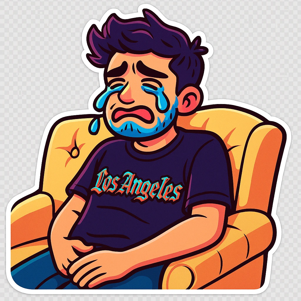 Convert the photo to a cartoon sticker in the style of Flux Pro with a crying expression and transparent background. The style should reflect the vibrant and pop colors typical of Flux Pro cartoon stickers. emoji