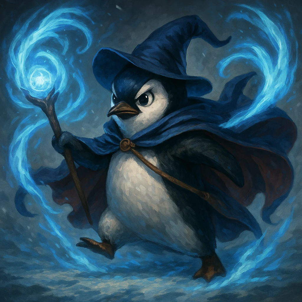 a heroic penguin wizard with a flowing cape, icy blue magic swirling around, dynamic pose emoji