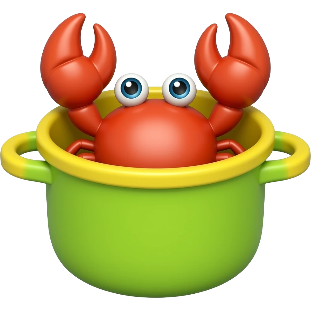 toy  red crab in a green  and yellow plastic cooking pot emoji