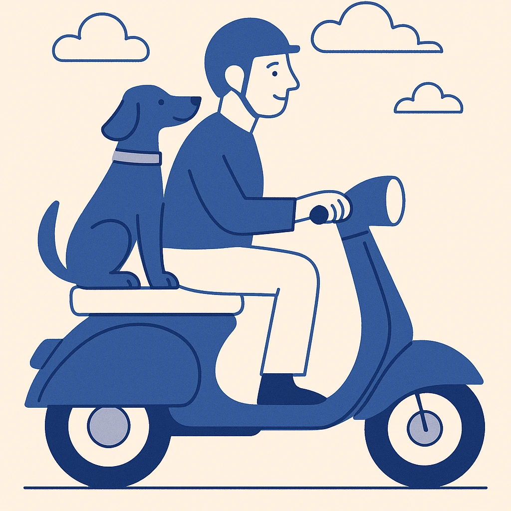man and his pet dog riding a vespa emoji
