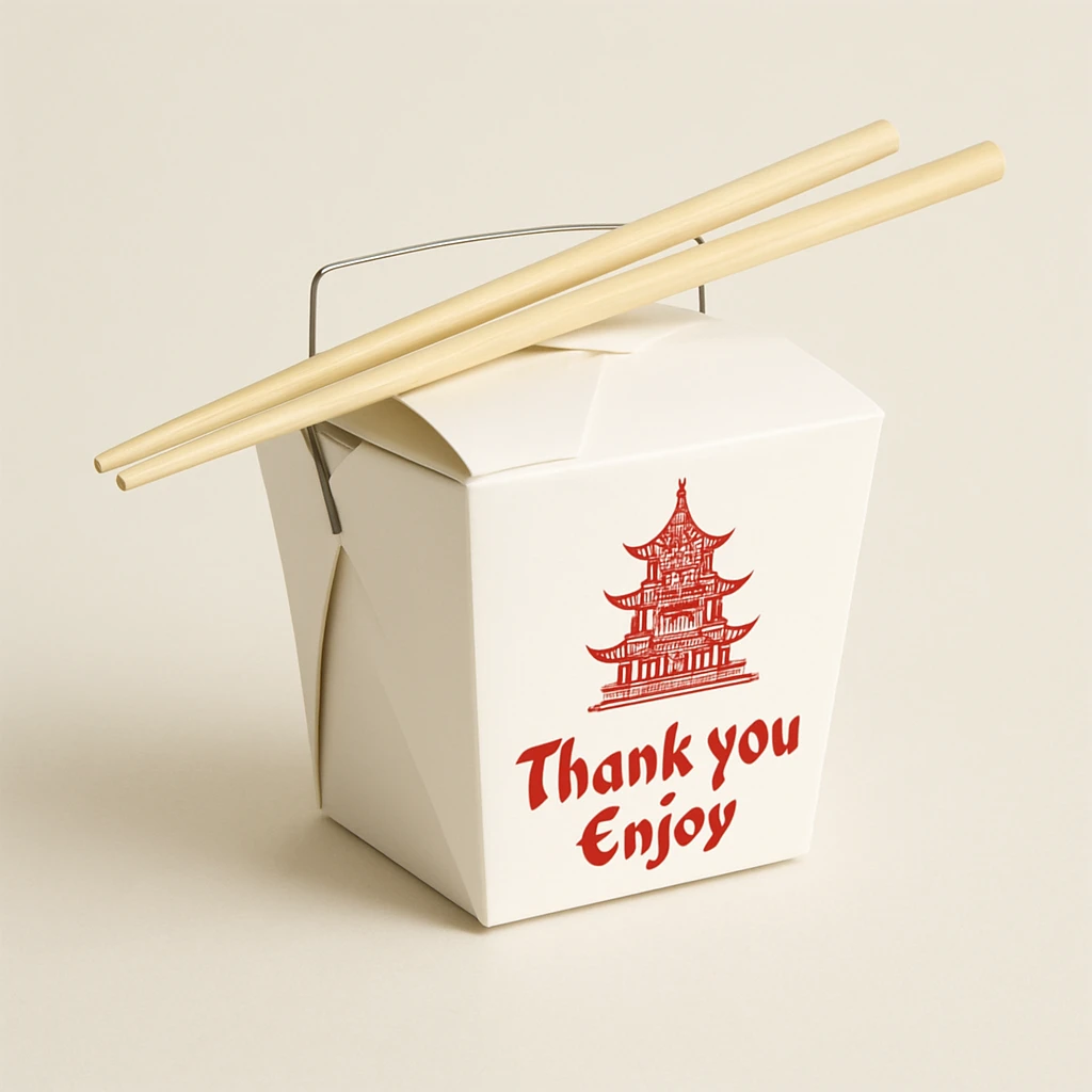 a takeout box with chopsticks, classic Chinese food emoji