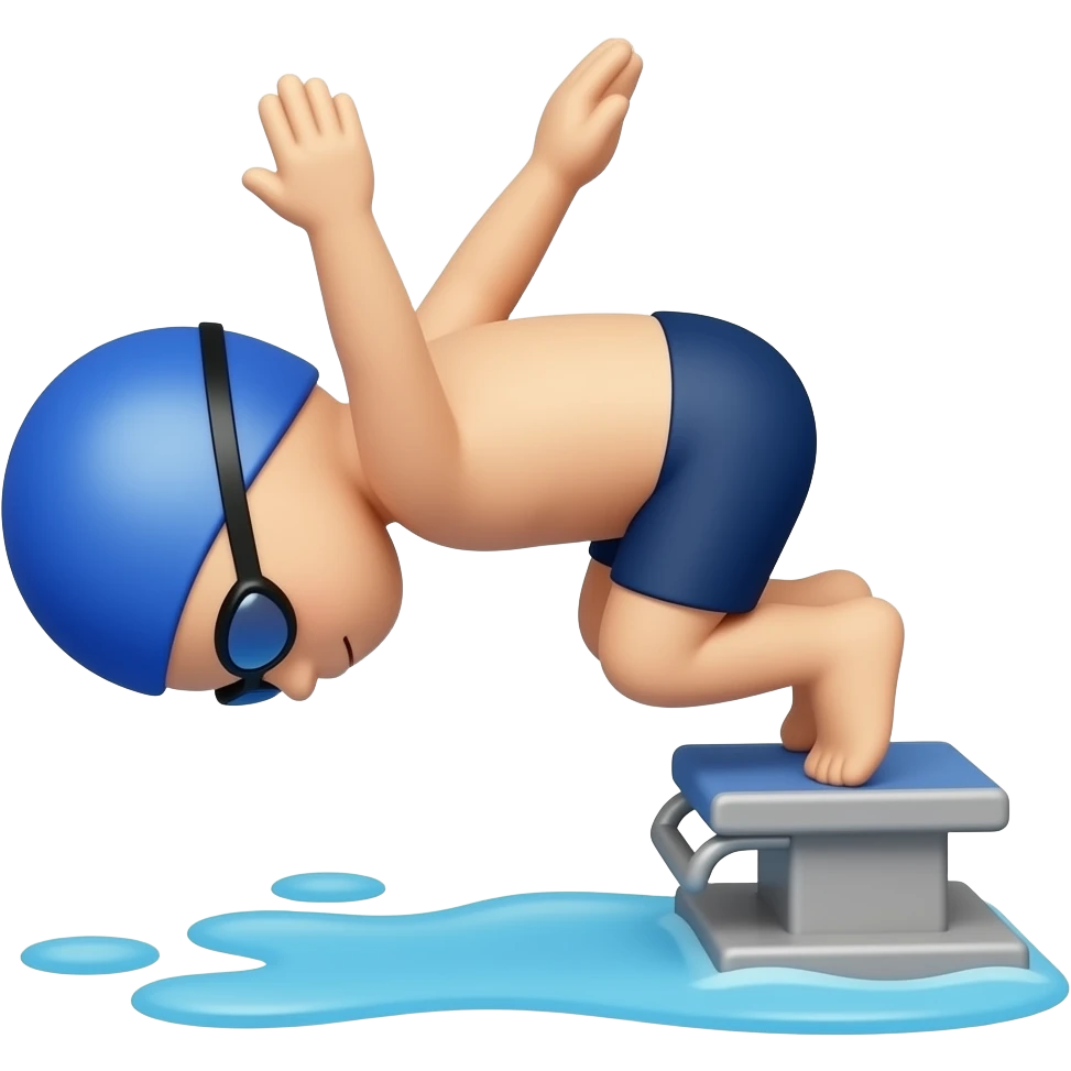 Tiny emoji-style swimmer on a starting block, arms straight overhead, body slightly curved forward in a diving pose, small splash of blue water below, clean simple design, bold outlines, expressive and readable at small size. emoji