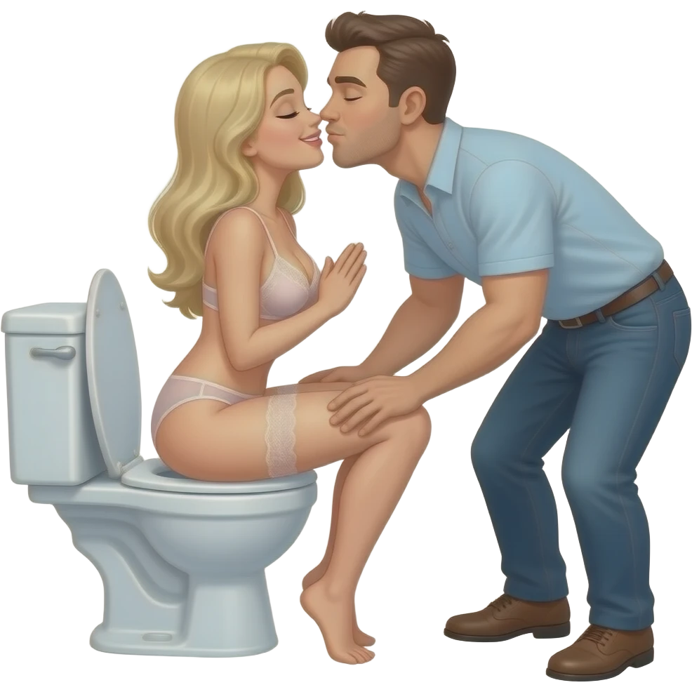 A naked white blonde female squatting reverse over toilet. A man kissing her butt and holding breasts. Eyes closed. Smiling. Lingerie. Toilet seat open emoji