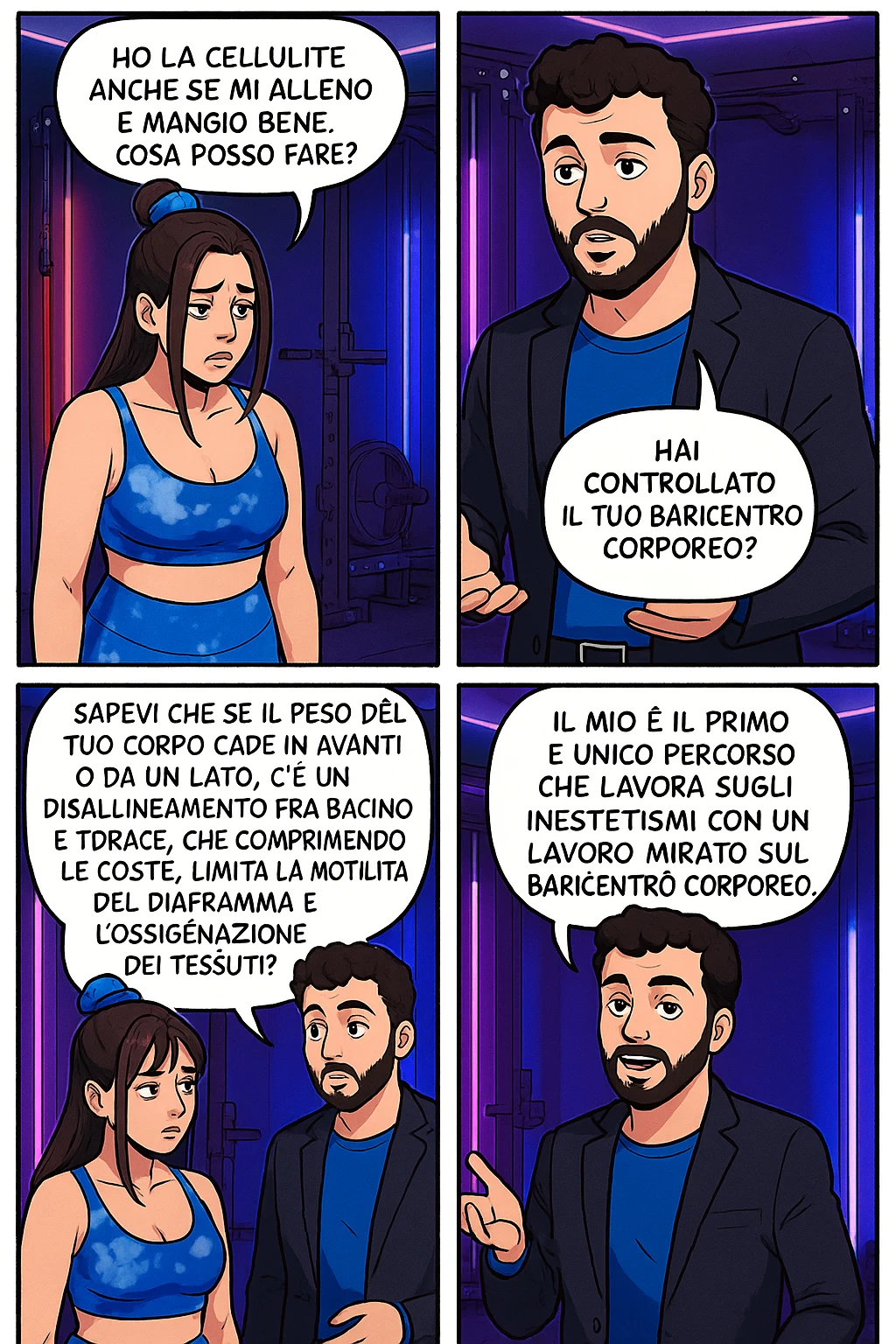 TRASFORMA QUESTO CAROSELLO IN UN FUMETTO STILE MANGA A COLORI CON QUESTE DUE PERSONE IDENTICHE CHE INTERLOQUISCONO TRA LORO:

LEI: Ho la cellulite anche se mi alleno e mangio bene, cosa posso fare?

LUI: Hai controllato il tuo baricentro corporeo?
LUI: Sapevi che se il peso del tuo corpo cade in avanti o da un lato, c’è un disallineamento fra bacino e torace, che comprimendo le coste, limita la motilità del diaframma e l’ossigenazione dei tessuti?
LUI: Il mio è il primo e unico percorso che lavora sugli inestetismi con un lavoro mirato sul baricentro corporeo. emoji