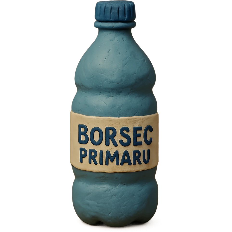 claymation style bottle of water with a label that says 'BorsecPrimaru' emoji