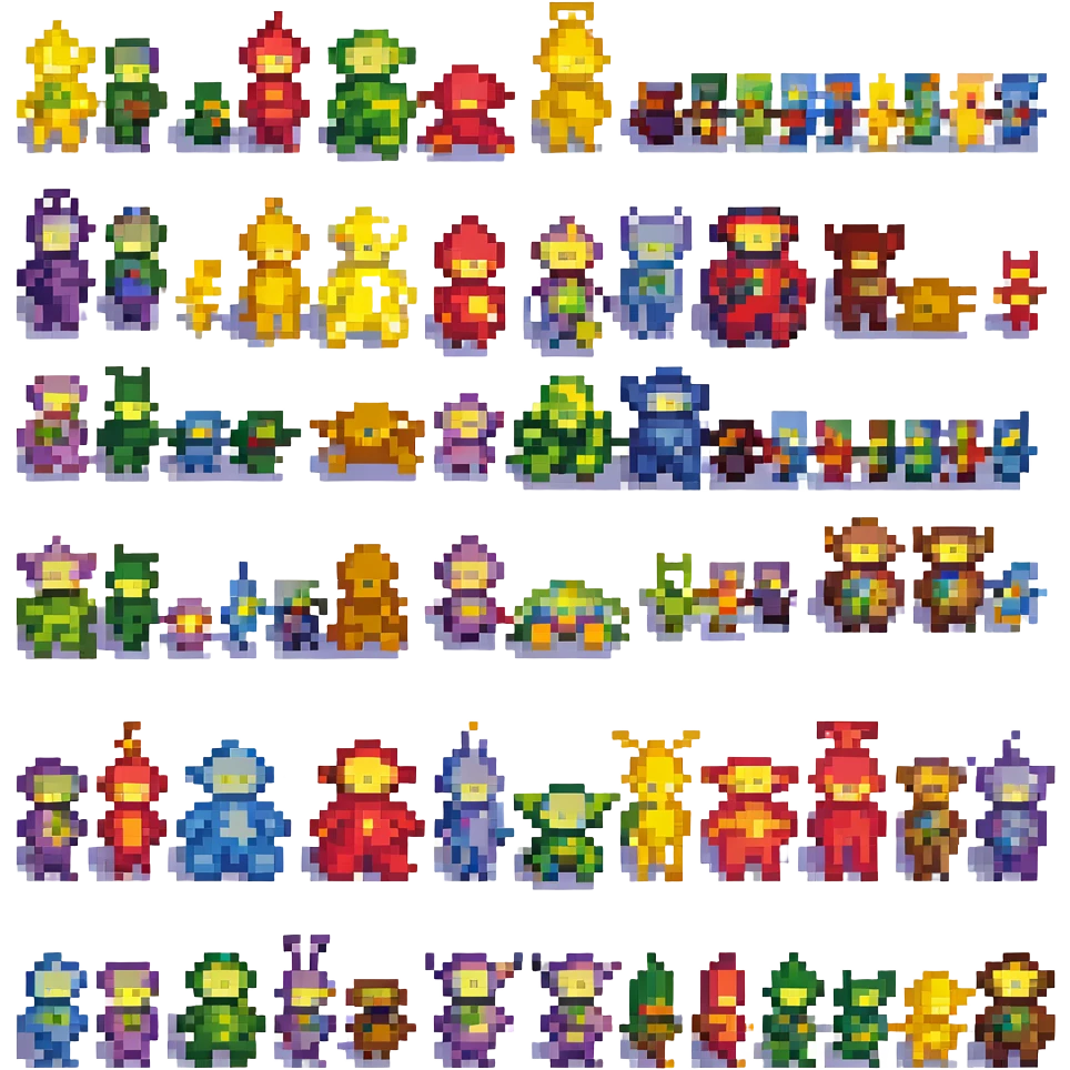 Teletubbies in pixel art style, simplified and colorful, each character easily recognizable by their shape and color emoji