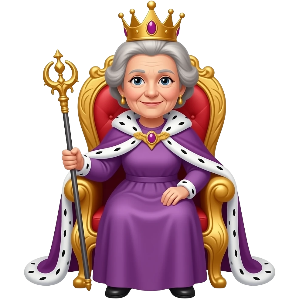 Nonna più anziana con capelli marroni seduta su una poltrona d’oro come una regina e con uno scettro in mano emoji