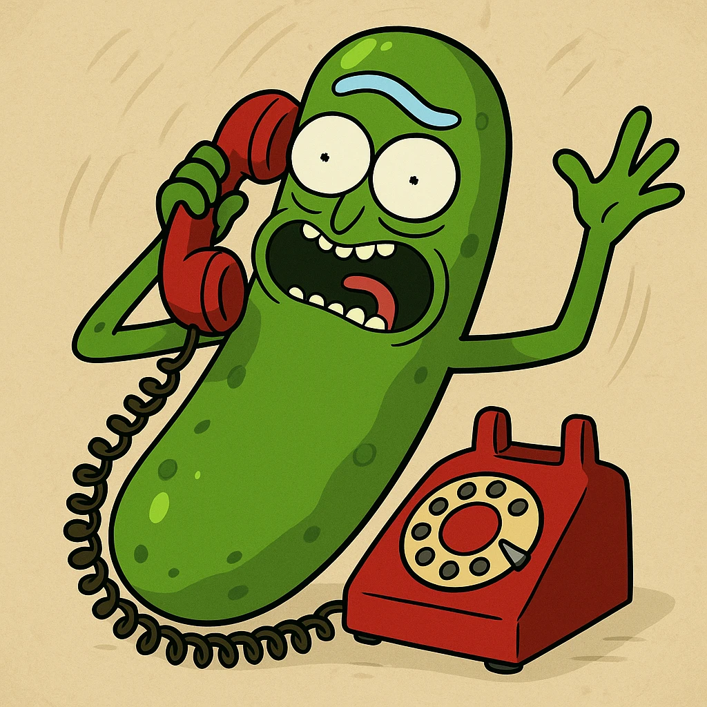 Pickle Rick from Rick and Morty, transformed into a pickle, answering a red phone and putting it to his ear, expressive and dynamic pose emoji