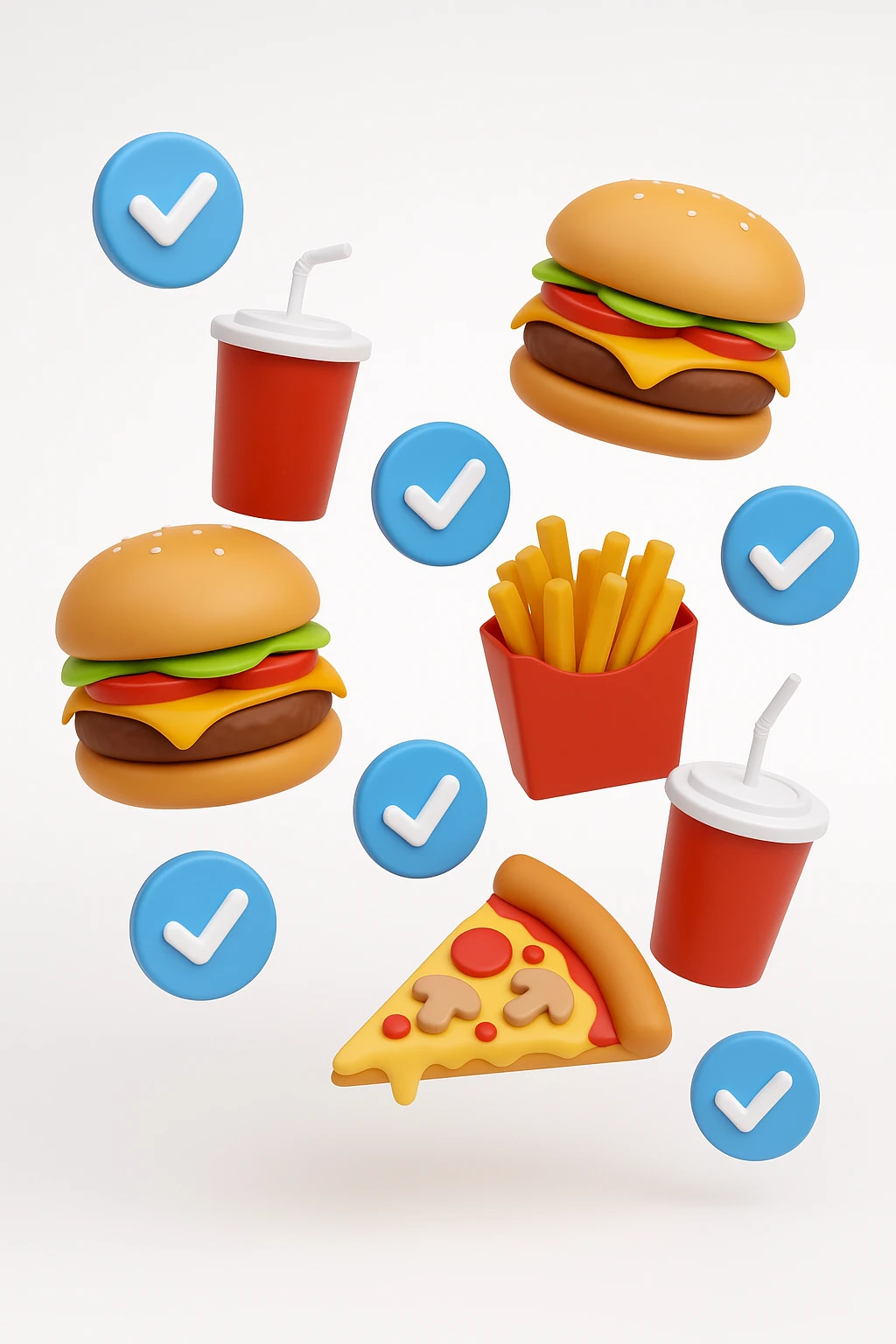fast food fluttua in aria insieme a spunte di verificato in 3d, sfondo bianco emoji