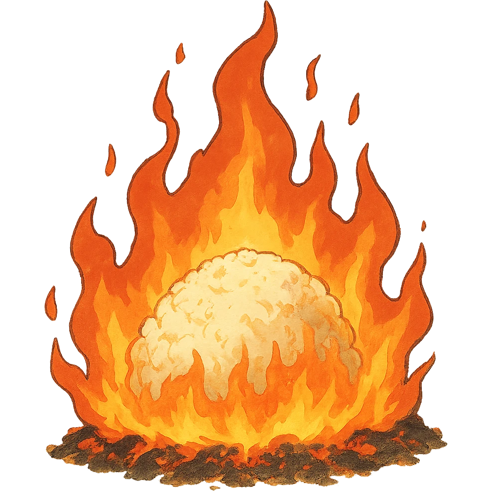 burning rice on fire, ghibli style emoji