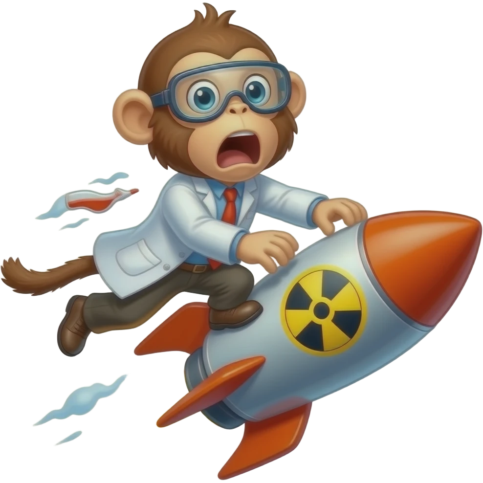 мавпа науковець летить на ядерній ракеті, ледь не вилітаючи з неї, шерсть розвивається вітром, вона в шоці, кричить emoji