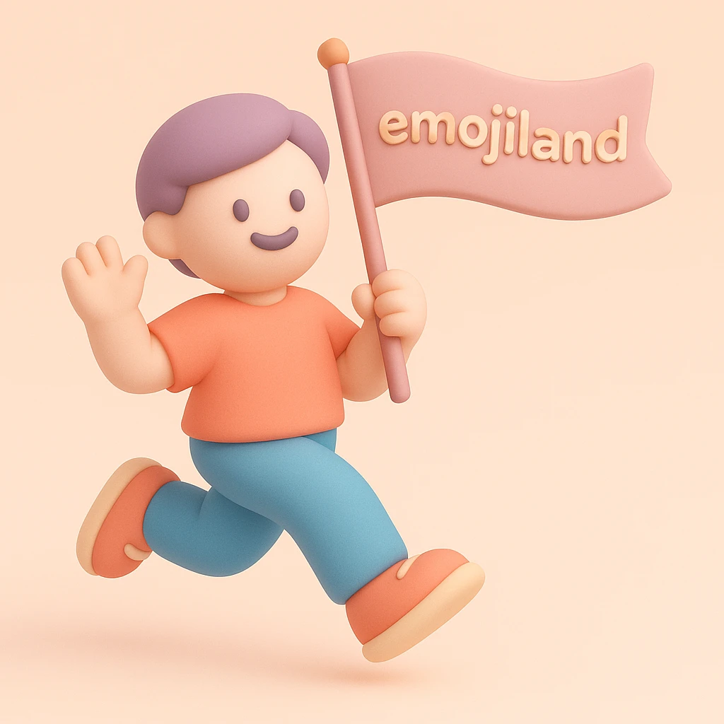happy runner waving a flag that says 'emojiland' emoji