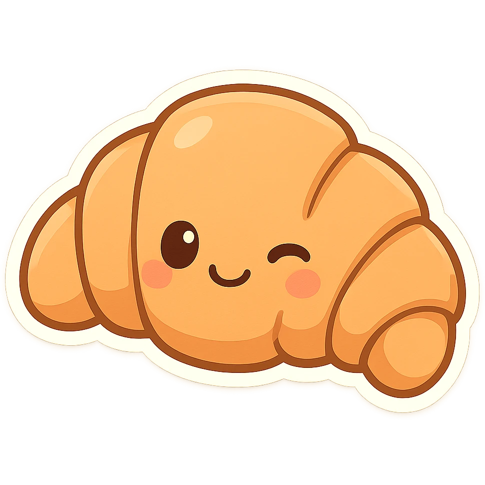 chibi sticker-style croissant with a winking face, cute and exaggerated emoji