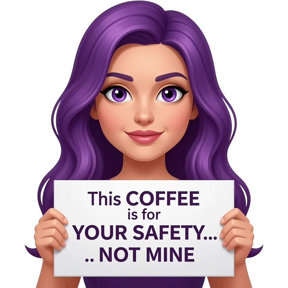 sexy girl with long purple hair and purple eyes holding a This COFFEE is for YOUR SAFETY... NOT MINE sign emoji