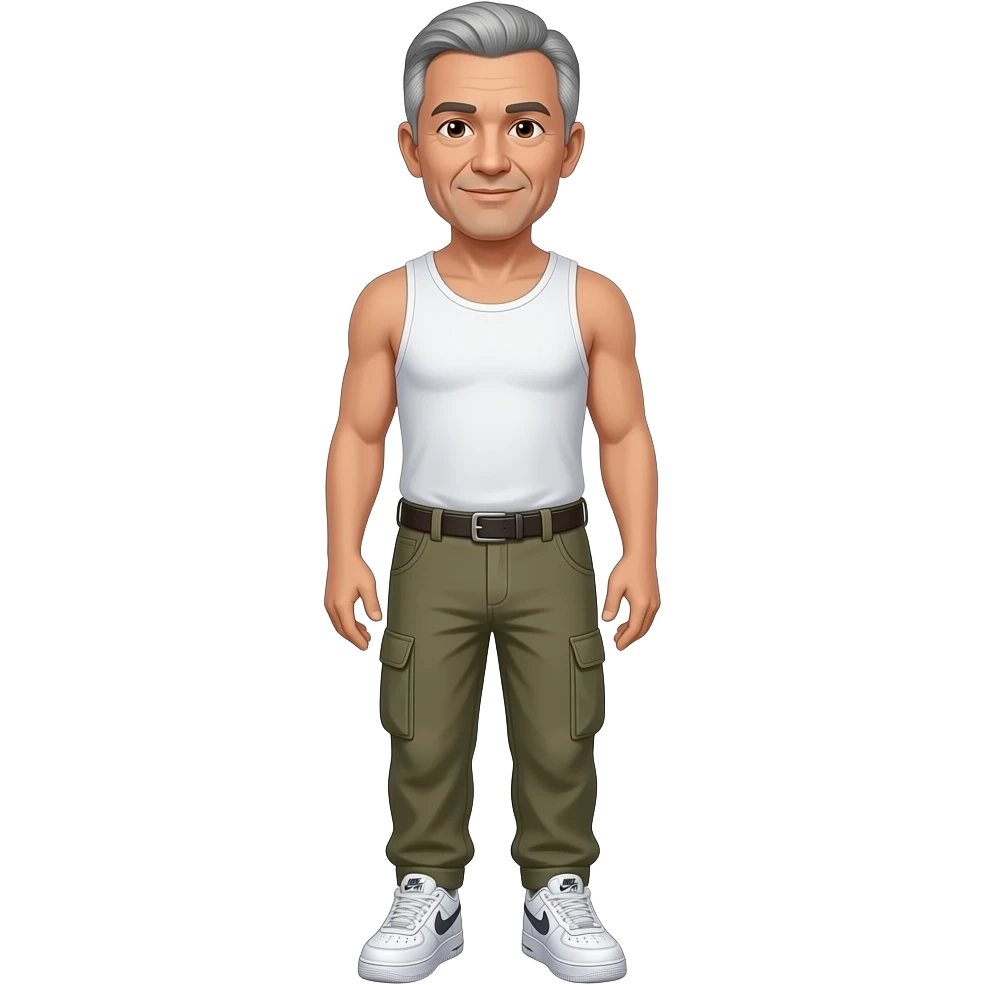 create an emoji of this man, older white man with brown eyes short hair wearing cargo pants nike air force shoes and white tank top emoji