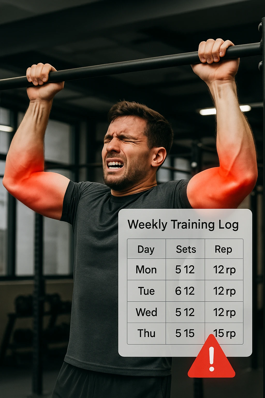 a man in gym attire performs pull-ups on a bar, with his elbows highlighted in bright red to indicate inflammation. A digital overlay shows a weekly training log with high numbers of sets and reps, and a warning icon appears next to the log. The man’s face shows pain and fatigue. The background is a modern gym, emphasizing the link between excessive training volume and injury. scritto in italiano emoji