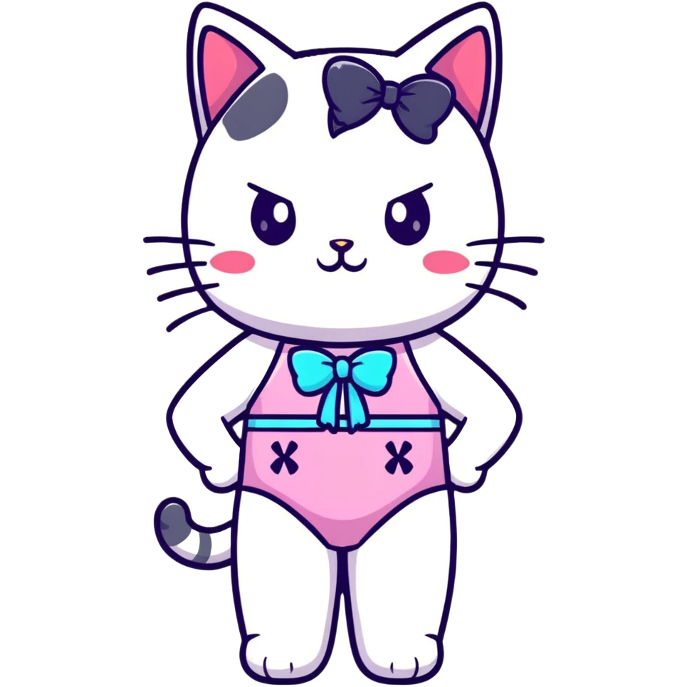 Cute short cat girl with bow, big head and small body in a colorful swimsuit, kawaii style emoji