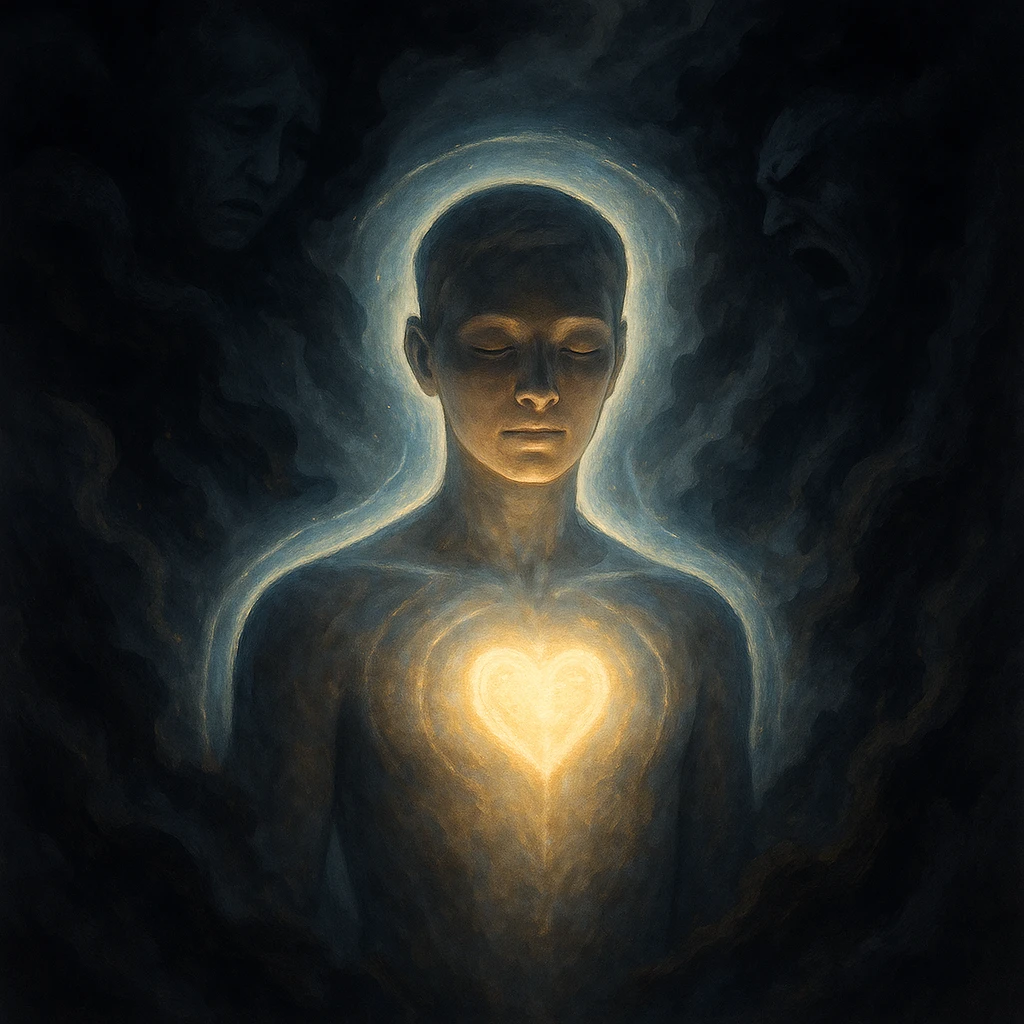 Symbolic depiction of a semi-realistic human figure surrounded by dark, heavy emotional forces like shadows, smoke, or storm clouds. The body glows softly with a protective light or energy shield, especially around the heart and head. The figure has a calm, focused expression showing inner strength. Background includes subtle anxiety, sadness, or anger trying to reach the person but being deflected. Conceptual, spiritual and emotional healing theme with ethereal light and dark-vs-light contrast, rendered in 4K resolution. emoji