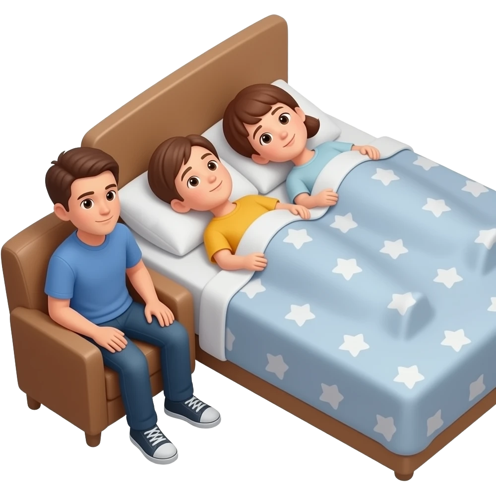 person sitting in corner chair with a couple laying in a bed emoji