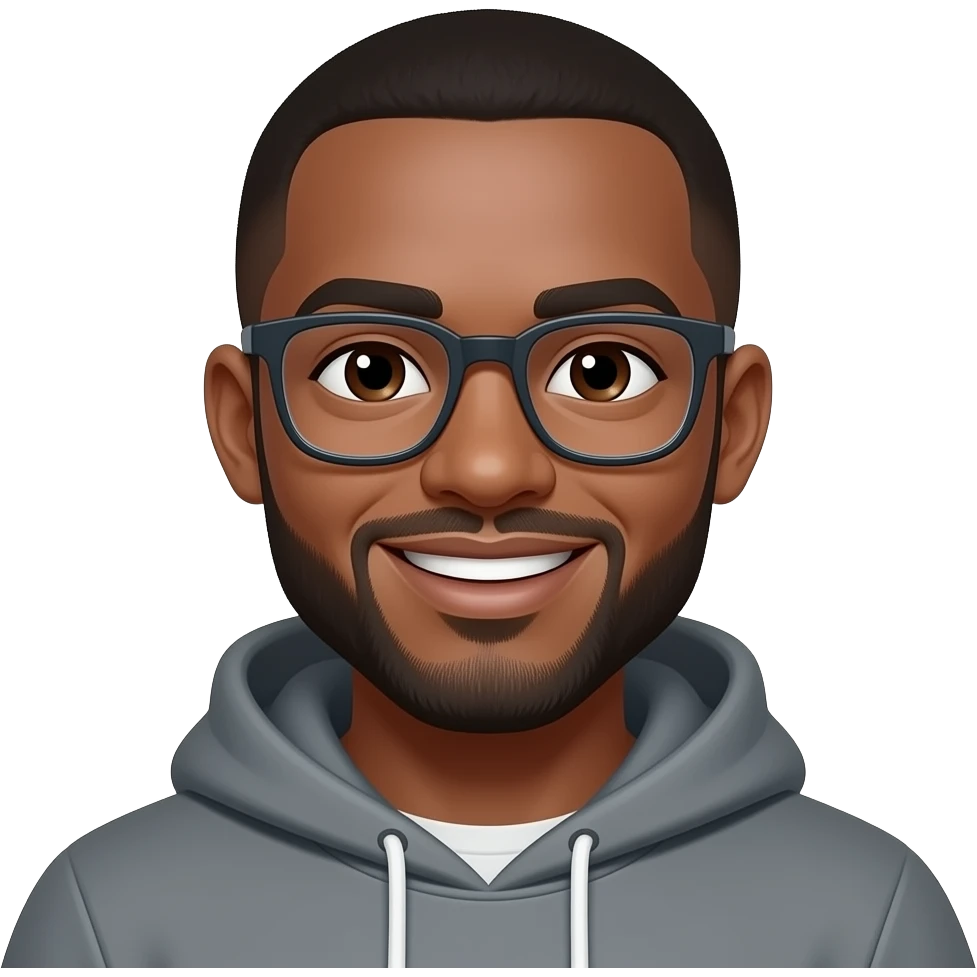 light skin black man in his 20s with buzzcut. dark brown eyes. beard. glasses. smiling. wearing a hoodie. emoji