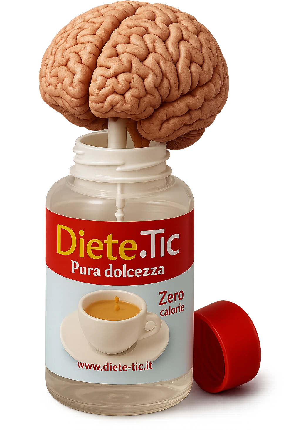 boccetta di dolcificante aperta da cui dentro esce un cervello anatomico umano, iperrealistico 4k emoji