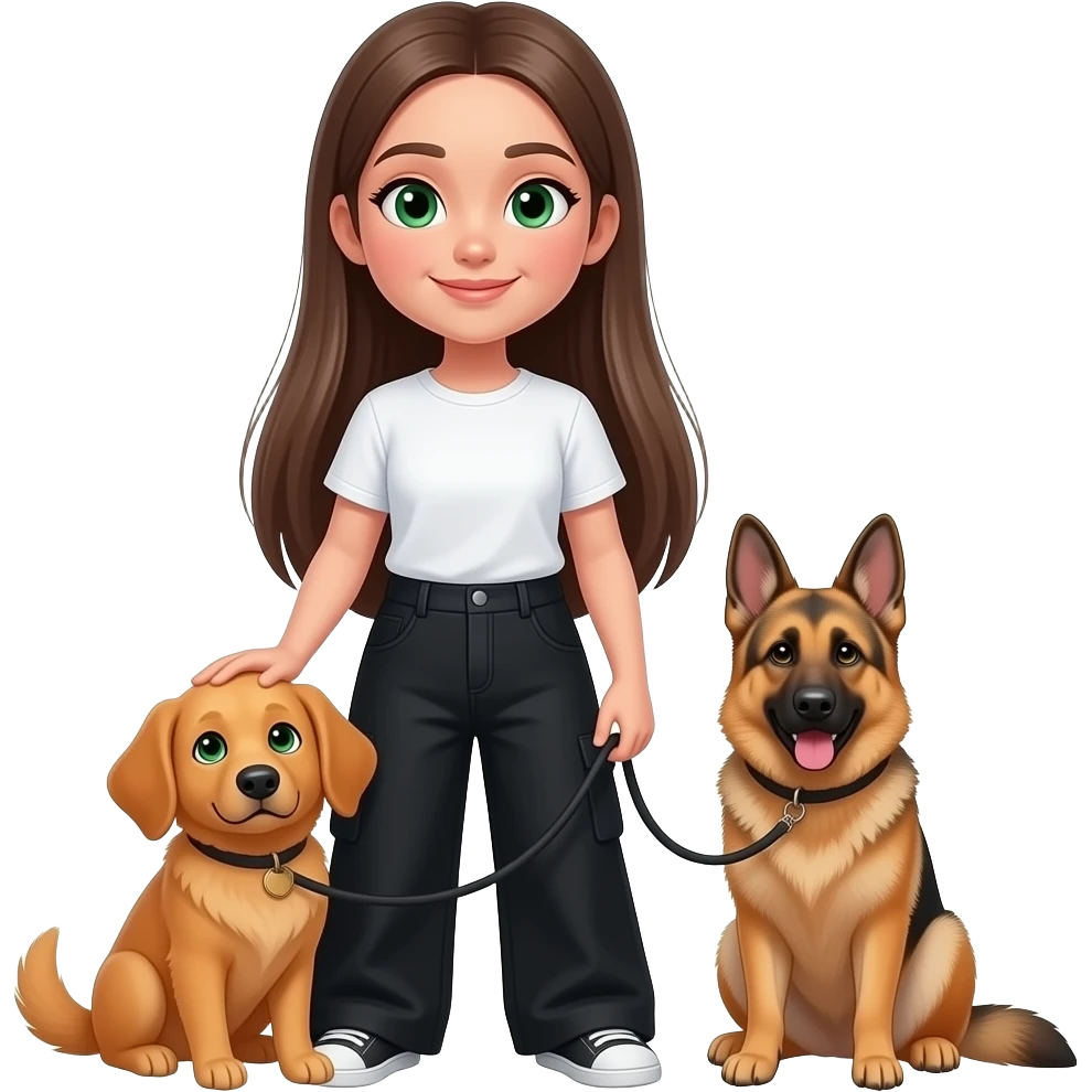 Сделай девочку брюнетку прямые длинные волосы темно зеленые глаза в белой футболке она не должна быть длинно и заправленнойв оверсайз черных штанах в руках у нее рыжий кок со светло зелеными глазами и еще у нее в руке поводок черный от немецкой овчарки и ета собака коло девочки emoji