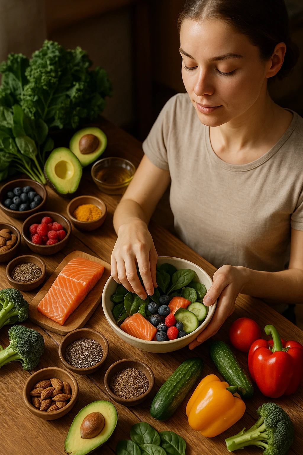 A realistic, cinematic flat-lay image of a clean wooden kitchen table filled with fresh, colorful whole foods known to help reduce androgen excess naturally. The table includes leafy greens like spinach and kale, avocados, berries, colorful vegetables, nuts, seeds (chia and flaxseeds), wild-caught salmon, and herbal teas, carefully arranged in an aesthetically pleasing, organized manner. A small glass bowl with olive oil and another with turmeric powder are included, emphasizing anti-inflammatory properties. In the scene, a young woman with clear, healthy skin and a calm expression is preparing a bowl with these ingredients, symbolizing a hormone-balancing diet. Warm, natural daylight streams in, creating a cozy and inviting atmosphere. The style is hyper-realistic 35mm photography, with vibrant yet soft colors, showcasing textures of the fresh produce and the peaceful vibe of using nutrition to support hormonal balance emoji