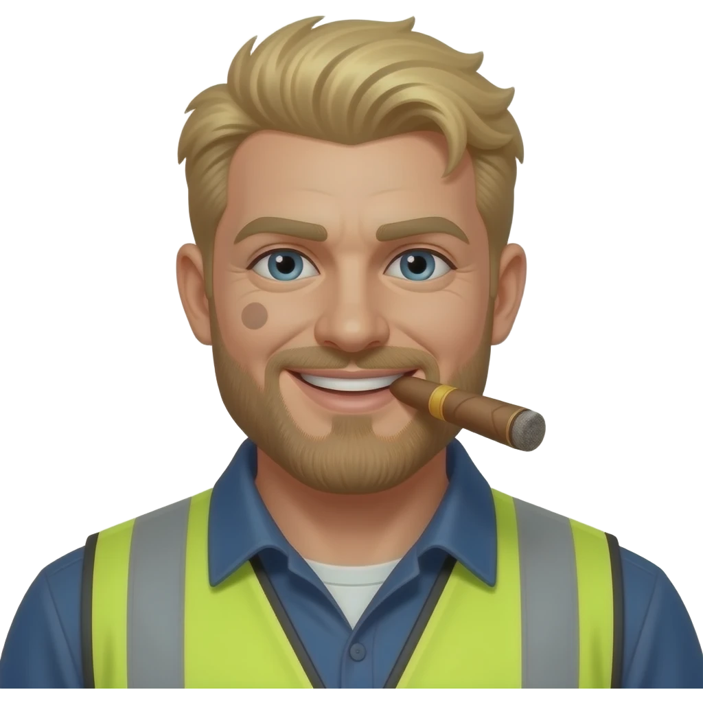 Big Blonde hair Guy with a Mole on his left cheek and a beard, smoking a cigar Wearing a construction vest with a big smile emoji