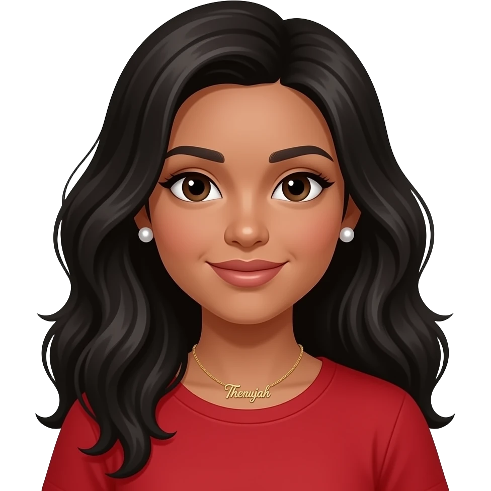Give me a girl with light brown skin black long hair, a nice nose and lips she is wearing pearl earrings and a necklace that says ‘Thenujah’ in cursive gold. She is wearing a red shirt and her hair is wavy and straight emoji