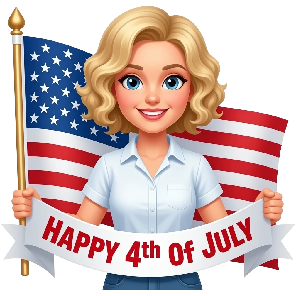 blonde tight curly hair in a short bob with a Happy 4 of July banner in red writing and a white short sleeve blouse and a huge flag emoji