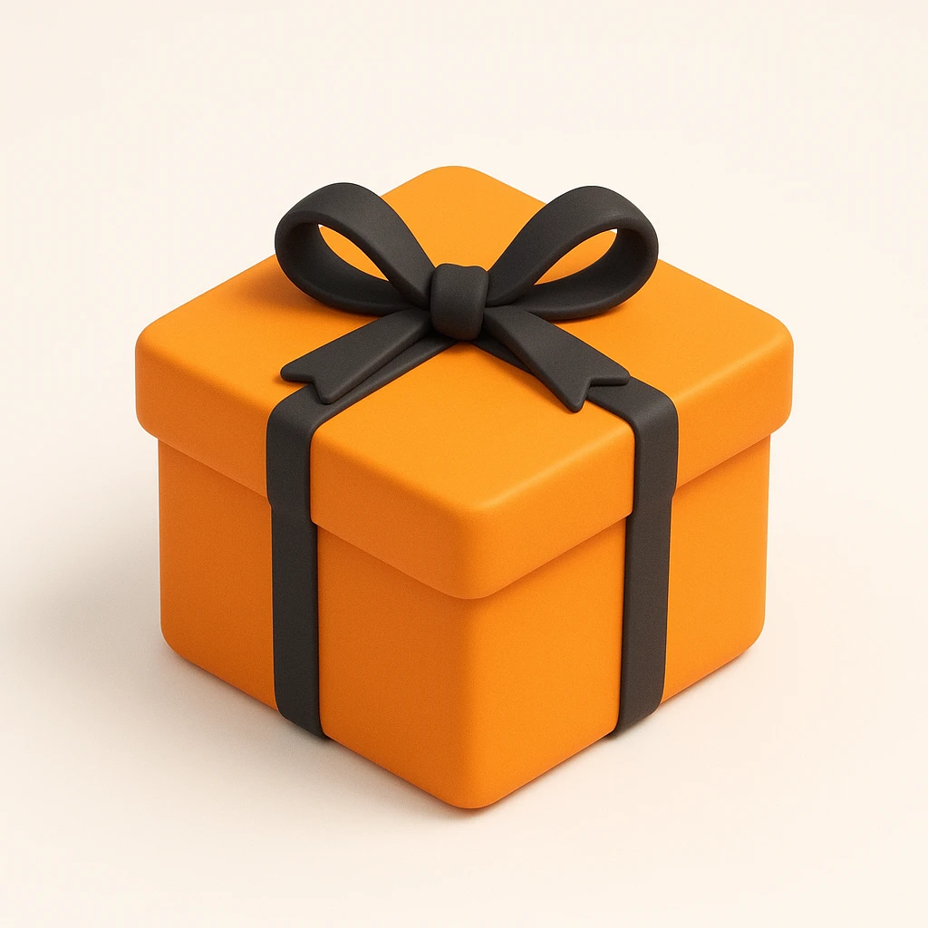 3D style orange Hermès box, same square shape and proportions as reference, with a black ribbon tied in a bow, minimal, no logo, on white or transparent background emoji