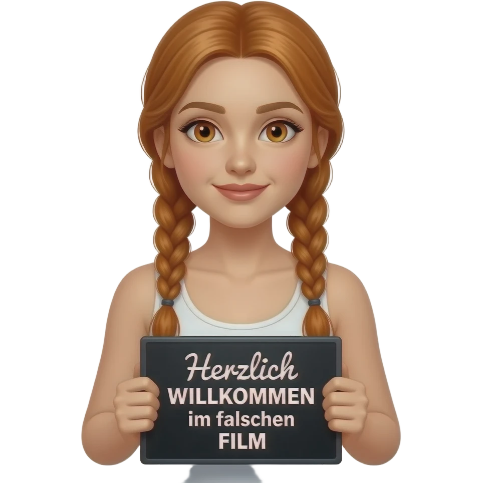 sexy girl with long ginger braids and ginger eyes wearing a white tanktop is holding a black sign with Herzlich WILLKOMMEN im falschen FILM written on it emoji