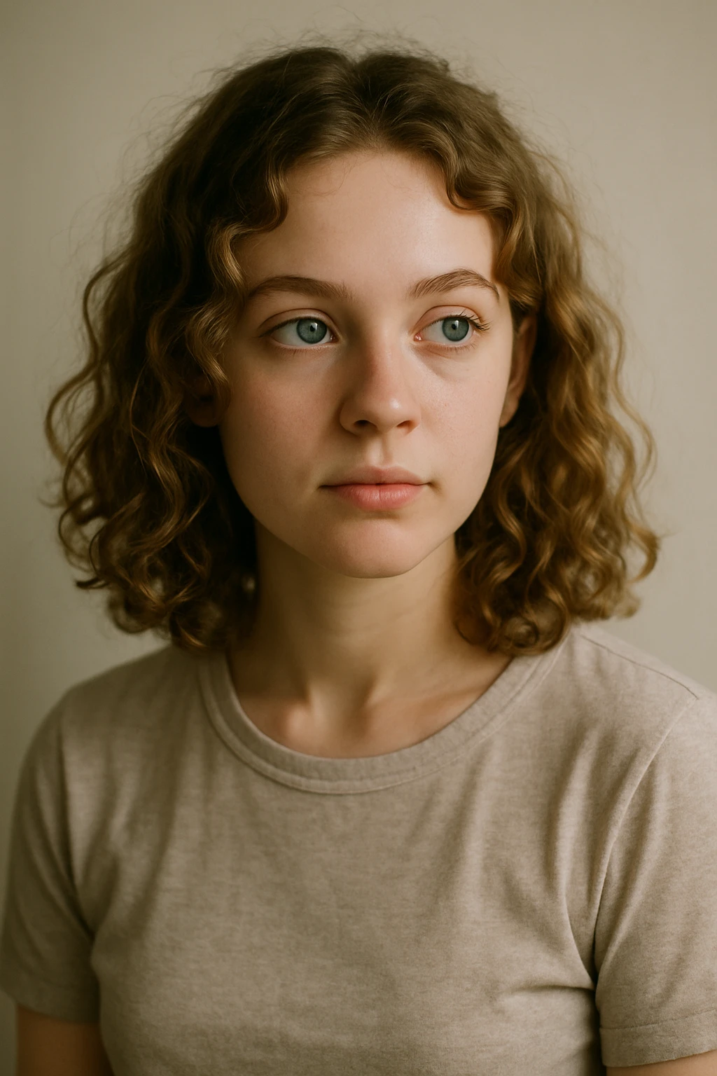 white girl, dark blonde shoulder length curly hair, blue-green eyes, looking to the side, upper body emoji