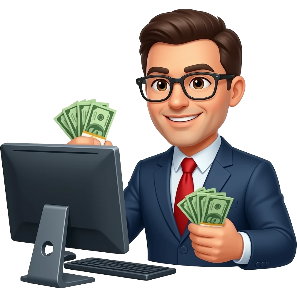 Trader doing profits on desktop with cash bundles emoji