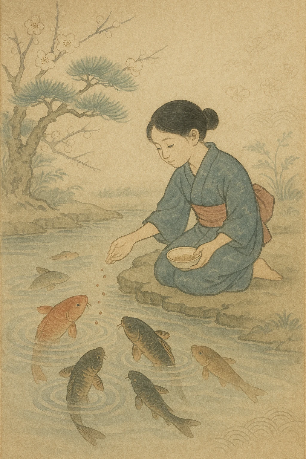 girl feeding koi fish in a pond emoji