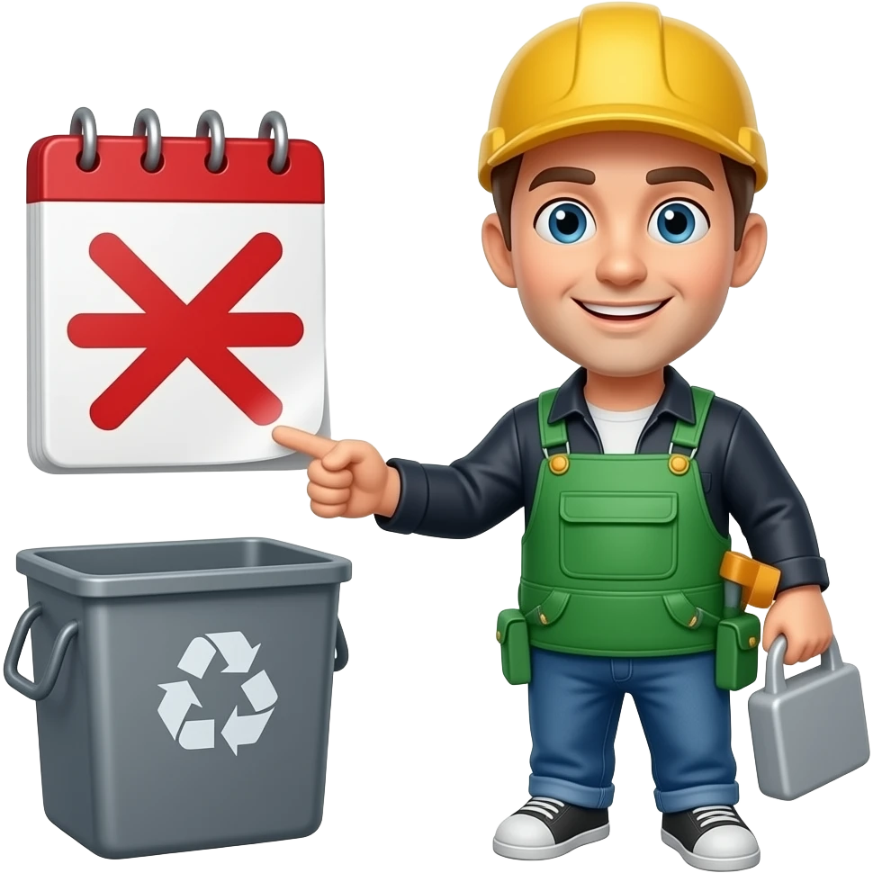 ein müllmann,der auf einen kalender mit einem rozten krteuz deutet emoji