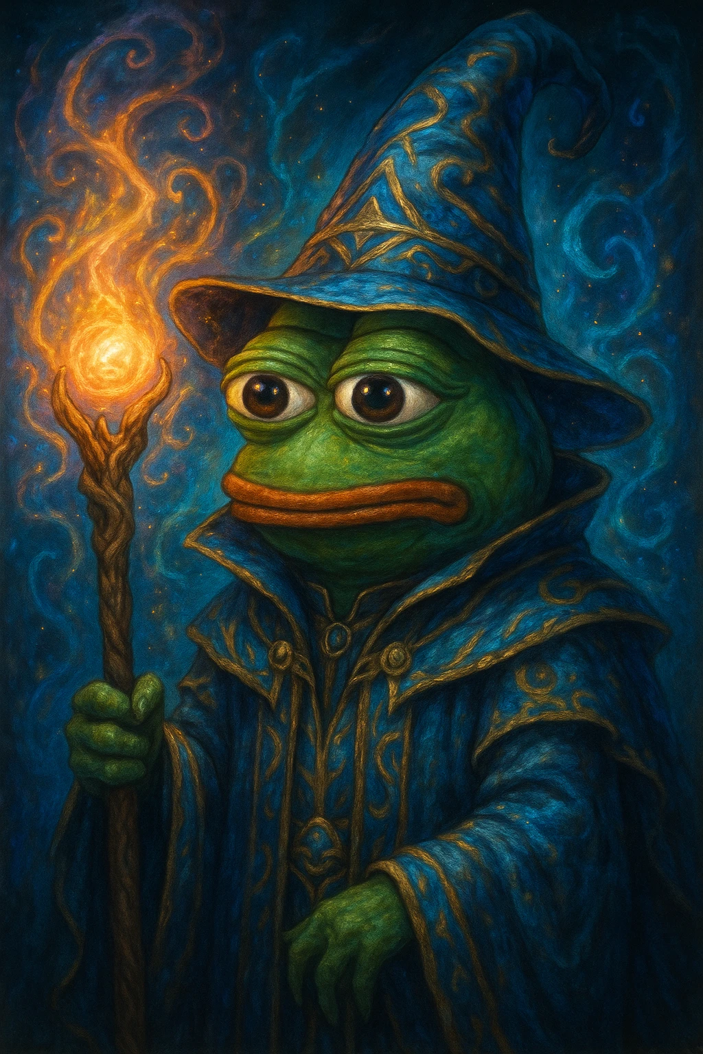 Pepe the Frog as a fantasy wizard, glowing staff, magical aura emoji
